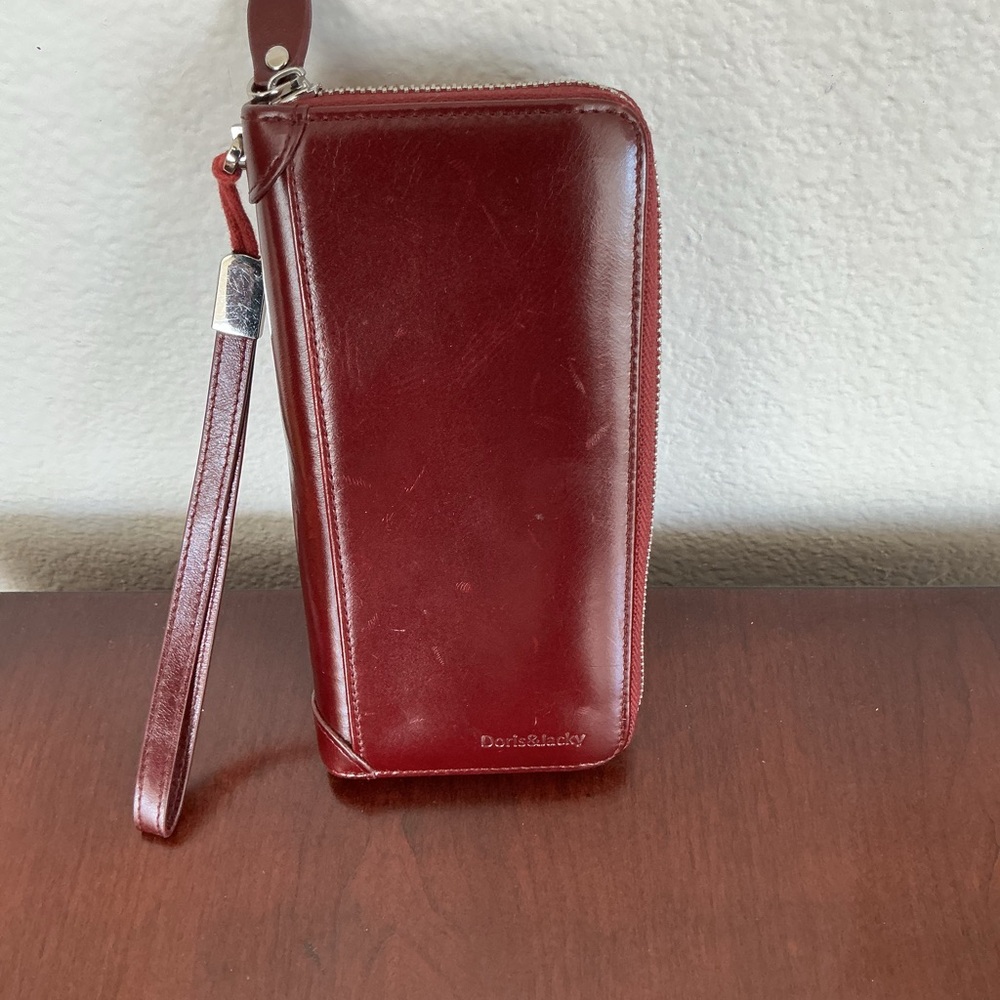 Doris & Jacky Burgundy Leather Phone Wristlet Wallet